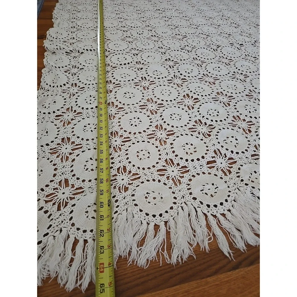 Vintage Hand Crocheted‎ Ecru Tablecloth or Coverlet Beadspread 72 × 65